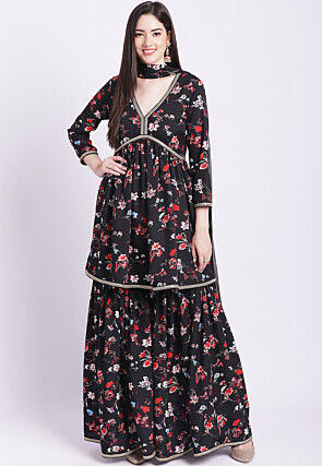 Digital Printed Crepe Pakistani Suit in Black