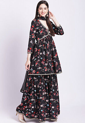 Digital Printed Crepe Pakistani Suit in Black