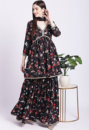 Digital Printed Crepe Pakistani Suit in Black