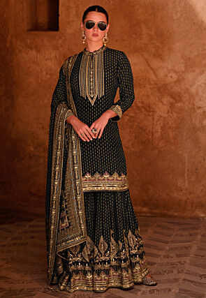 Digital Printed Crepe Pakistani Suit in Black