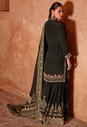 Digital Printed Crepe Pakistani Suit in Black