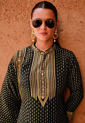 Digital Printed Crepe Pakistani Suit in Black