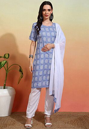 Digital Printed Crepe Pakistani Suit in Blue