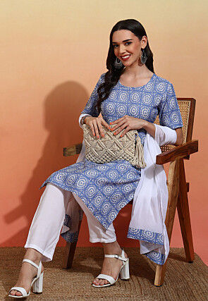 Digital Printed Crepe Pakistani Suit in Blue