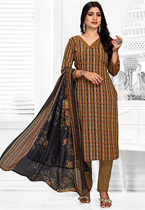 Digital Printed Crepe Pakistani Suit in Brown