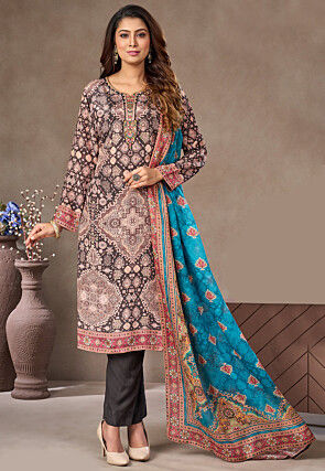 Digital Printed Crepe Pakistani Suit in Charcoal Black