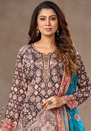 Digital Printed Crepe Pakistani Suit in Charcoal Black