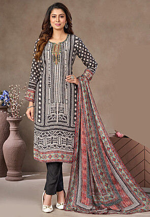 Digital Printed Crepe Pakistani Suit in Charcoal Black
