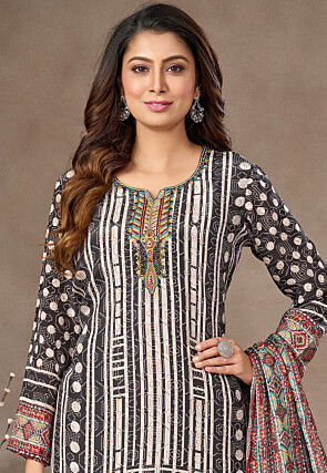 Digital Printed Crepe Pakistani Suit in Charcoal Black