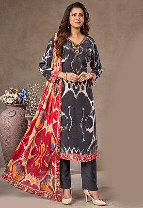 Digital Printed Crepe Pakistani Suit in Charcoal Black