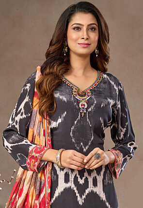 Digital Printed Crepe Pakistani Suit in Charcoal Black