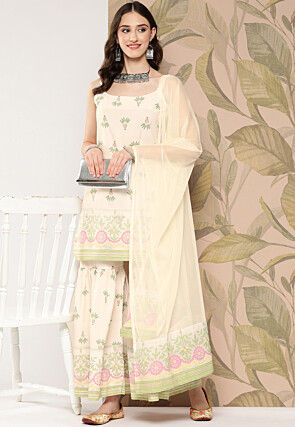 Digital Printed Crepe Pakistani Suit in Cream