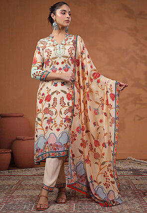 Digital Printed Crepe Pakistani Suit in Cream