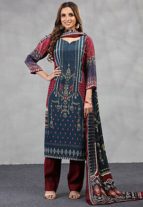 Digital Printed Crepe Pakistani Suit in Dark Blue and Maroon