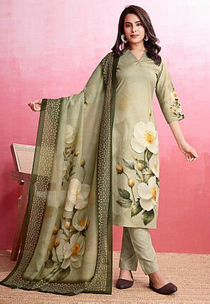 Digital Printed Crepe Pakistani Suit in Dark Olive Green
