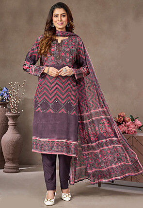 Digital Printed Crepe Pakistani Suit in Dusty Purple