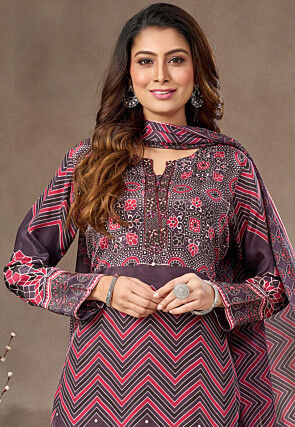 Digital Printed Crepe Pakistani Suit in Dusty Purple