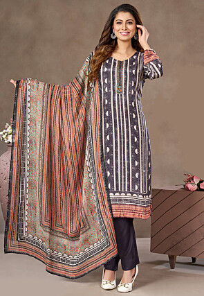 Digital Printed Crepe Pakistani Suit in Grey