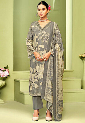 Digital Printed Crepe Pakistani Suit in Grey