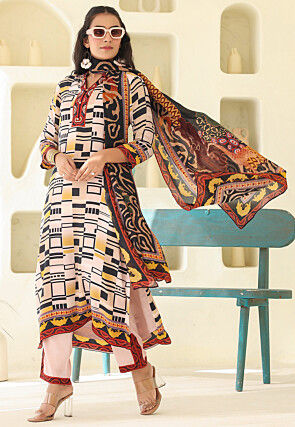 Digital Printed Crepe Pakistani Suit in Light Beige
