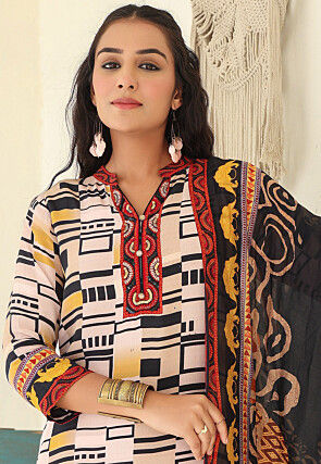 Digital Printed Crepe Pakistani Suit in Light Beige