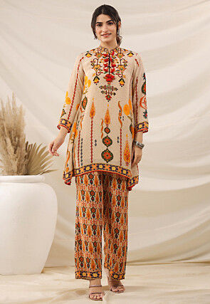 Digital Printed Crepe Pakistani Suit in Light Beige