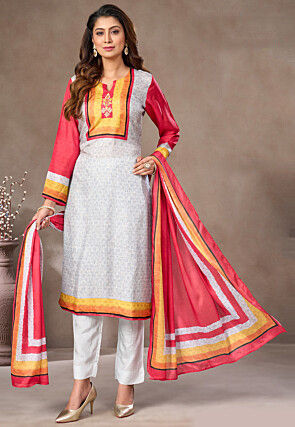 Digital Printed Crepe Pakistani Suit in Light Grey