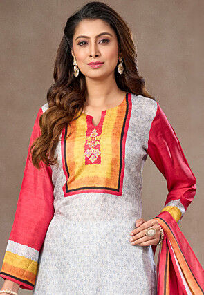 Digital Printed Crepe Pakistani Suit in Light Grey
