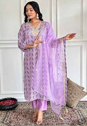 Digital Printed Crepe Pakistani Suit in Light Purple