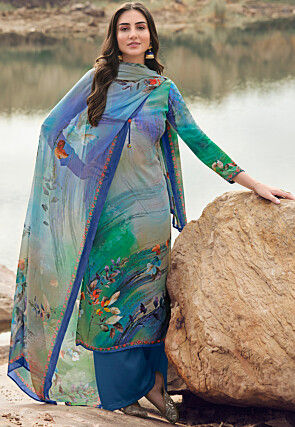Digital Printed Crepe Pakistani Suit in Multicolor