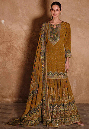 Digital Printed Crepe Pakistani Suit in Mustard