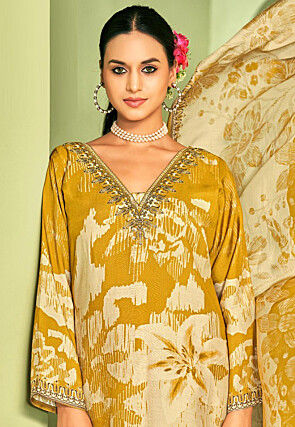 Digital Printed Crepe Pakistani Suit in Mustard