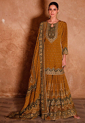 Digital Printed Crepe Pakistani Suit in Mustard