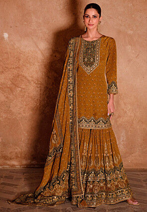 Digital Printed Crepe Pakistani Suit in Mustard