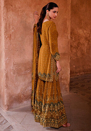 Digital Printed Crepe Pakistani Suit in Mustard