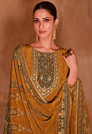 Digital Printed Crepe Pakistani Suit in Mustard