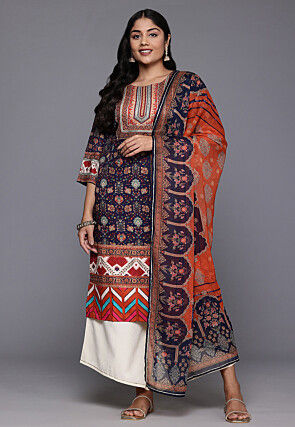 Digital Printed Crepe Pakistani Suit in Navy Blue