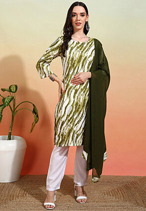 Digital Printed Crepe Pakistani Suit in Olive Green and Off White