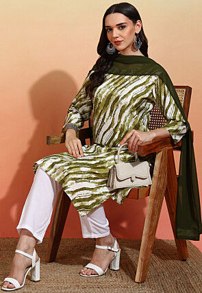 Digital Printed Crepe Pakistani Suit in Olive Green and Off White