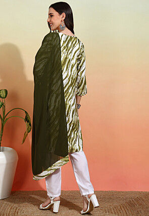 Digital Printed Crepe Pakistani Suit in Olive Green and Off White