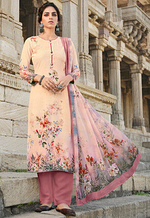 Digital Printed Crepe Pakistani Suit in Peach