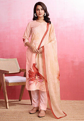 Digital Printed Crepe Pakistani Suit in Peach