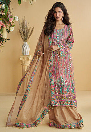 Digital Printed Crepe Pakistani Suit in Pink and Beige