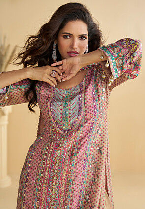 Digital Printed Crepe Pakistani Suit in Pink and Beige