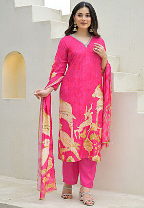 Digital Printed Crepe Pakistani Suit in Pink