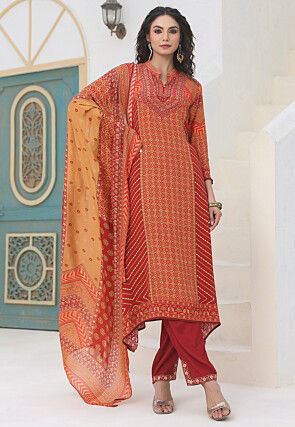 Digital Printed Crepe Pakistani Suit in Red