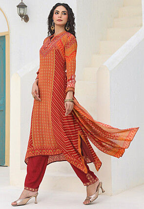 Digital Printed Crepe Pakistani Suit in Red