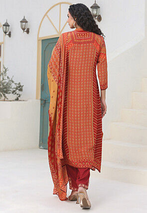 Digital Printed Crepe Pakistani Suit in Red