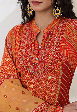 Digital Printed Crepe Pakistani Suit in Red