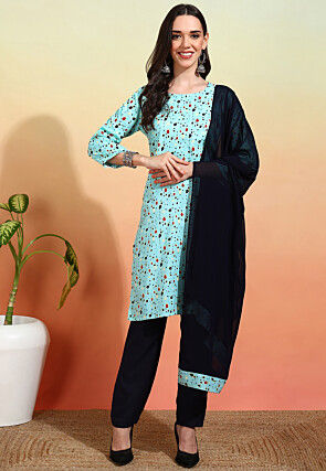 Digital Printed Crepe Pakistani Suit in Sky Blue